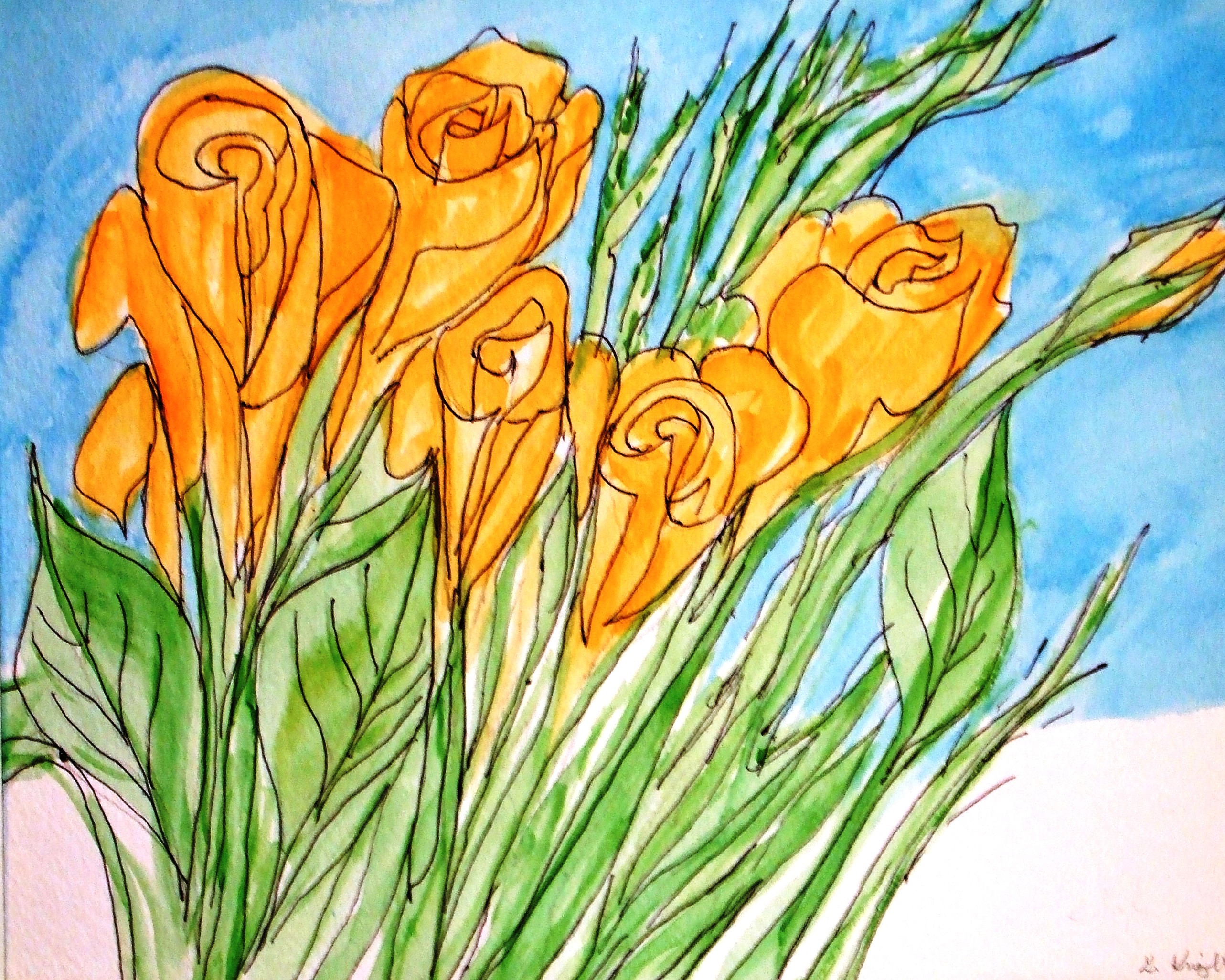 Watercolor of vibrant orange roses and tulips with green stems against a soft blue sky background
